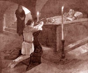 Karel u náhrobku své matky Elišky Přemyslovny